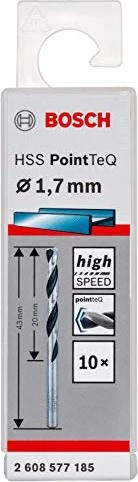 Bosch Professional HSS PointTeQ Spiralbohrer, 1.7x20x43mm, 10 Stück