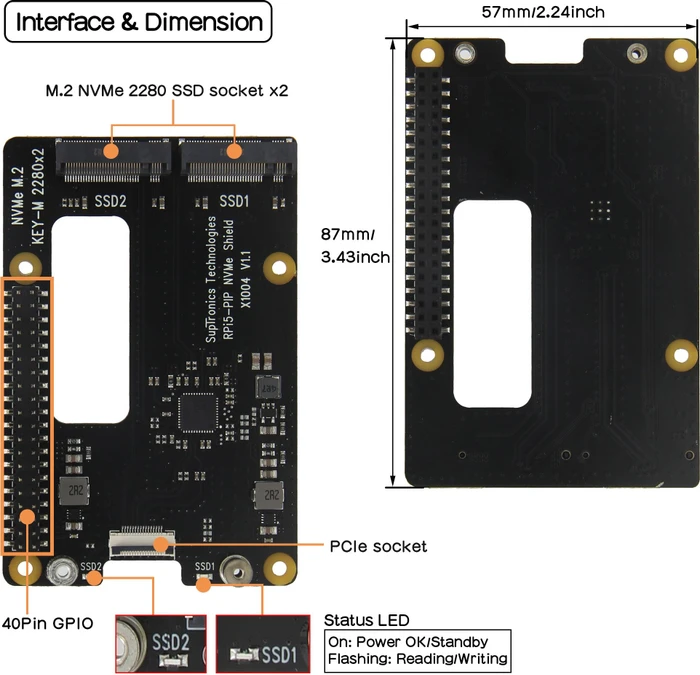 Geekworm X1004 Dual PCIe auf M.2 Key-M NVMe Adapter-Board, M.2 M-Key 2230/2242/2260/2280 NVMe Slot für Raspberry Pi 5