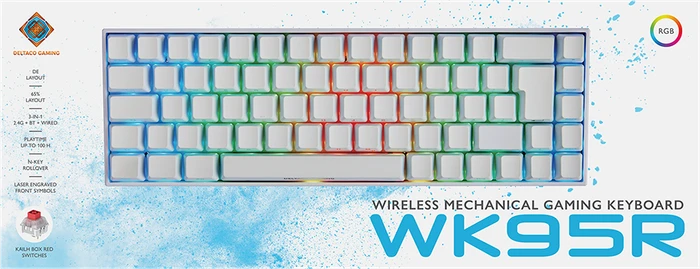 Deltaco Gaming WK95R Wireless 65% Layout, LEDs RGB, weiß, Kailh Box RED, USB/Bluetooth, DE