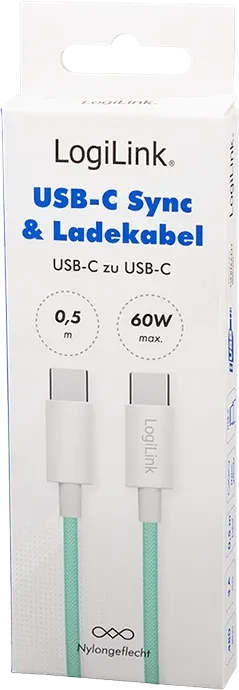 LogiLink USB-C Kabel, USB 2.0, 480Mb/s, 60W PD, USB-C Stecker auf USB-C Stecker, Nylon, grün, 1.5m