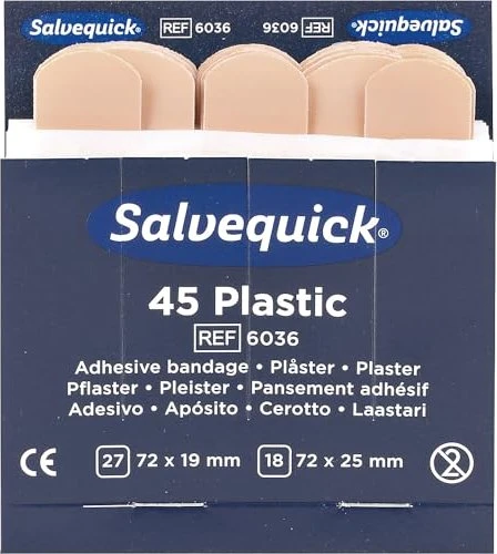 Cederroth Salvequick 45 Plastic REF 6036 Pflasterstrips Nachfüllpack 2 Größen, 270 Stück (6x 45 Stück)
