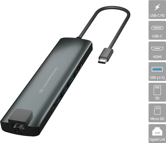 Conceptronic Multifunktionaler 9-in-1 Hub, USB-C 3.0 [Stecker]