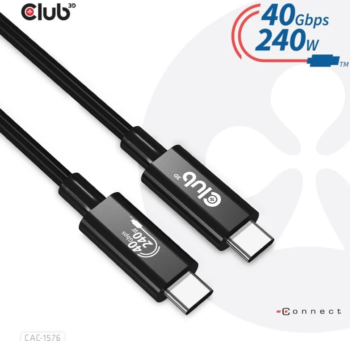Club 3D USB-C Kabel, USB4 Gen3x2, 40Gb/s, 8K60Hz, 240W PD EPR, USB-C Stecker auf USB-C Stecker, 1m