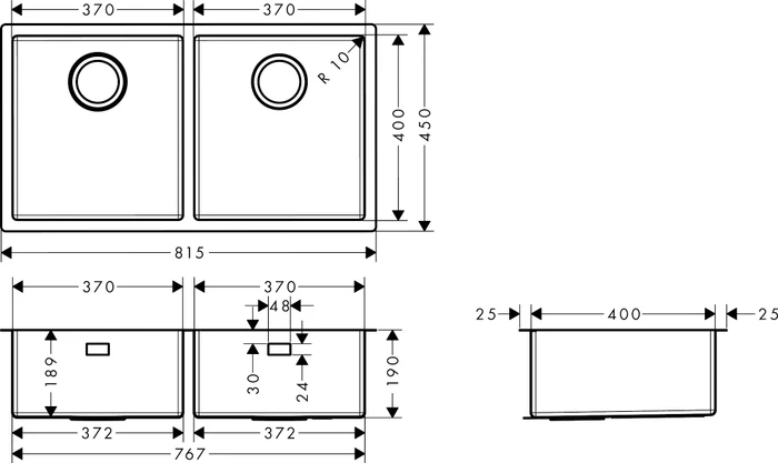 Hansgrohe S71 S719-U765 370/370 Unterbau Doppelspüle edelstahl