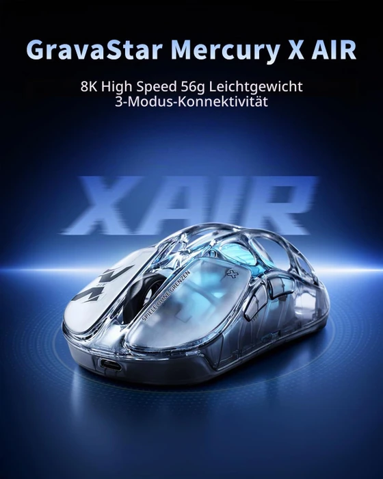 GravaStar Mercury X Air 8KHz Wireless Gaming Mouse, Onyx Crystal, USB/Bluetooth
