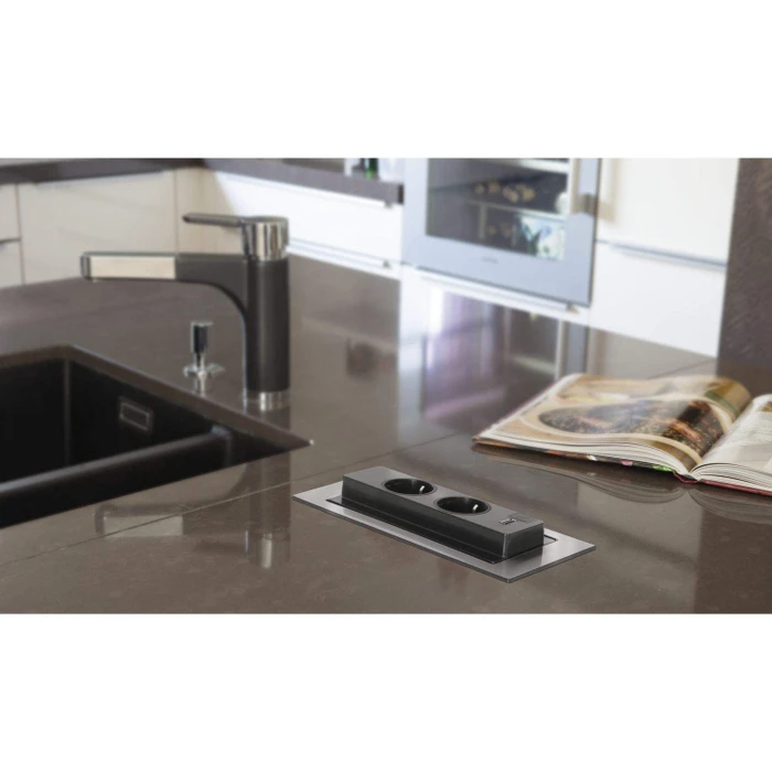 Schulte EVOLine BackFlip Cuisine, 2-fach, 1x USB-C, 2.5m, edelstahl gebürstet