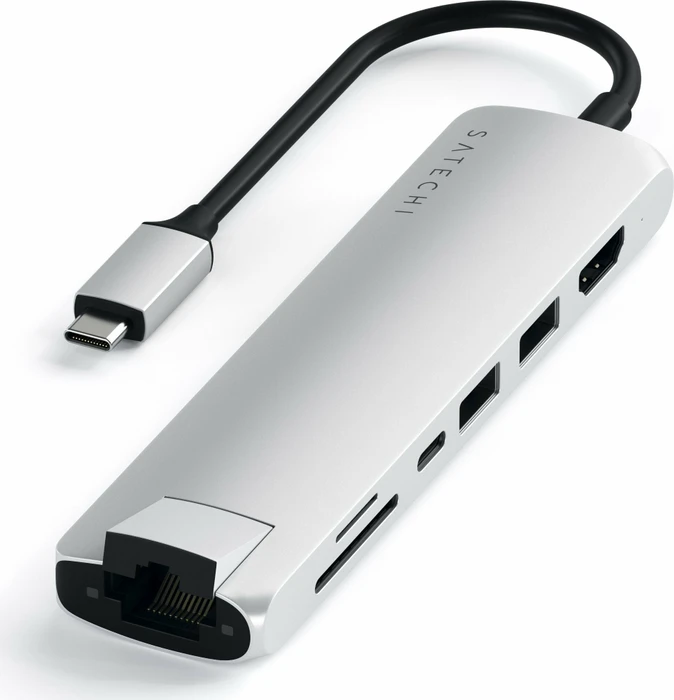 Satechi USB-C Slim Multi-Port with Ethernet Adapter silver Dual-Slot-Cardreader, USB-C 3.0 [Stecker]