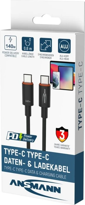 Ansmann USB-C Kabel, USB 2.0, 480Mb/s, 140W PD 3.1, USB-C Stecker auf USB-C Stecker, schwarz, 0.6m