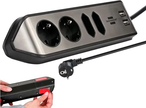 Brennenstuhl estilo Ecksteckdosenleiste, Tischsteckdose, 4-fach, 2x USB-A, 2m, silber/schwarz