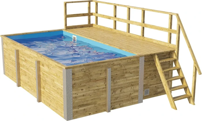Weka 595 A Massivholz Frame Pool mit Filterpumpe, Leiter und Sonnendeck rechteckig 416x309x203cm
