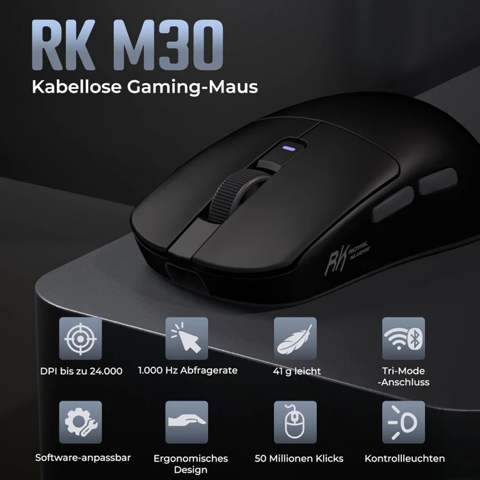 RK Royal Kludge M30 Wireless Gaming Mouse, schwarz/grau, USB/Bluetooth