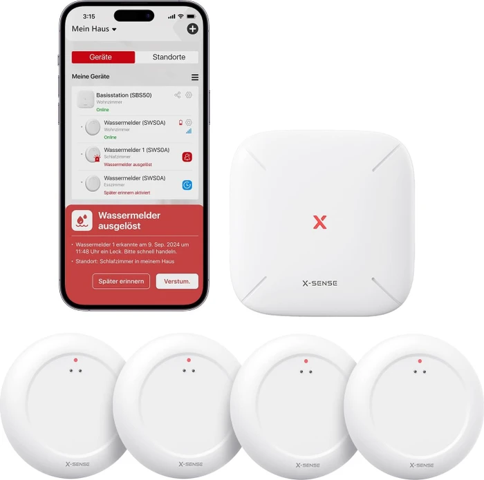 X-Sense SWS0A41 Wasserleckmelder, inkl. Basiststation, Wassermelder, 4er-Pack