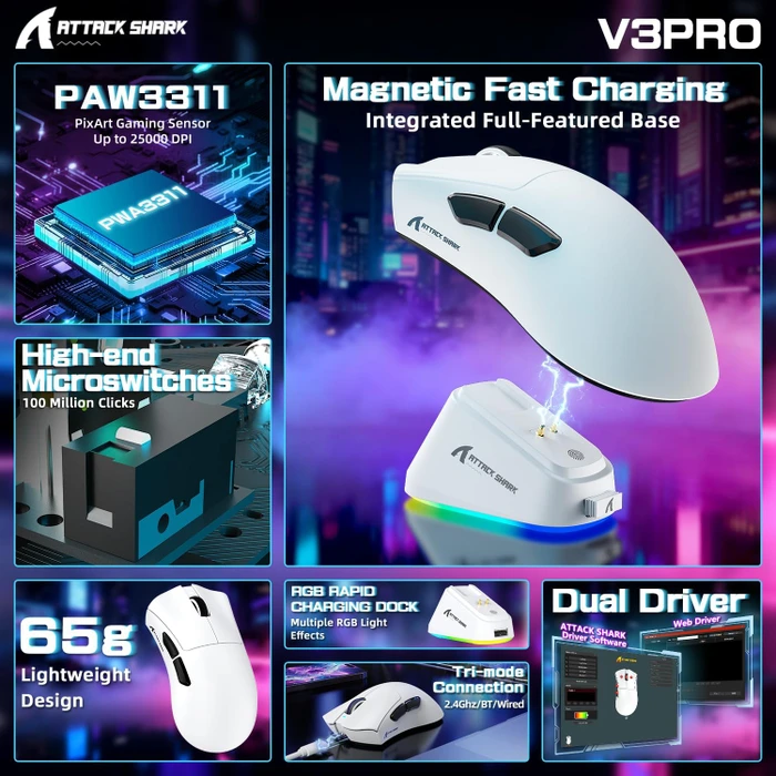 Attack Shark V3 PRO Tri-mode Wireless Gaming Mouse mit Ladestation, weiß, USB/Bluetooth
