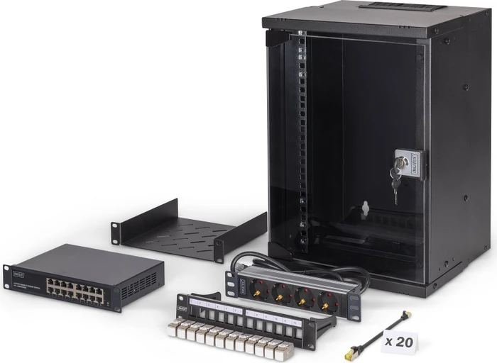Digitus Professional SoHo Pro Line 10" Wandgehäuse SET 9HE, unmontiert, Sicherheitsglastür, IP20, RAL 9005, 300mm tief