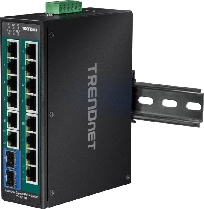 TRENDnet TI Hardened Industrial Railmount Gigabit Switch, 14x RJ-45, 2x SFP, 240W PoE+