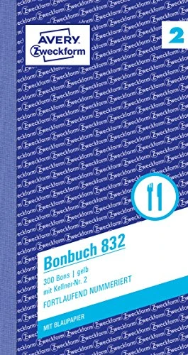 Avery-Zweckform Bonbuch mit Kellner-Nr. 2, 105x198mm, gelb, 100 Blatt
