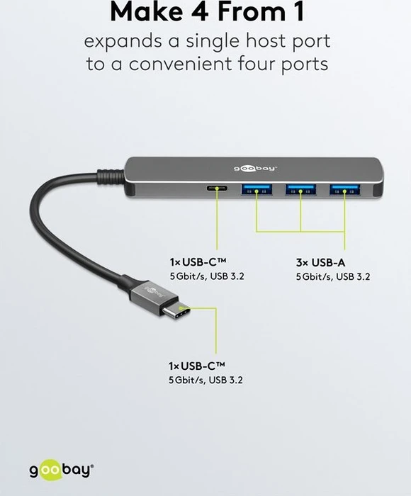 Wentronic goobay Slim 4-Port USB-Hub, 1x USB-C 3.0/3x USB-A 3.0, USB-C 3.0 [Stecker]