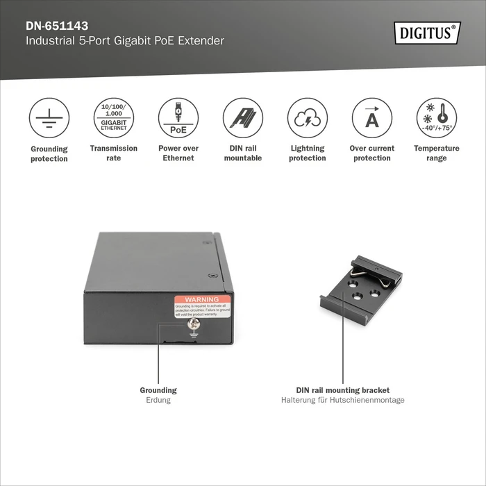 Digitus Industrial Railmount Gigabit PoE-Extender, 5x RJ-45, 60W PoE++ PD