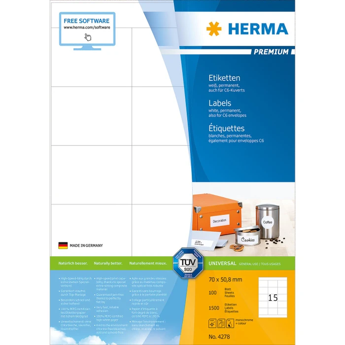 Herma Etiketten Premium, 70x50.8mm, weiß, matt, 100 Blatt (1500 Etiketten)