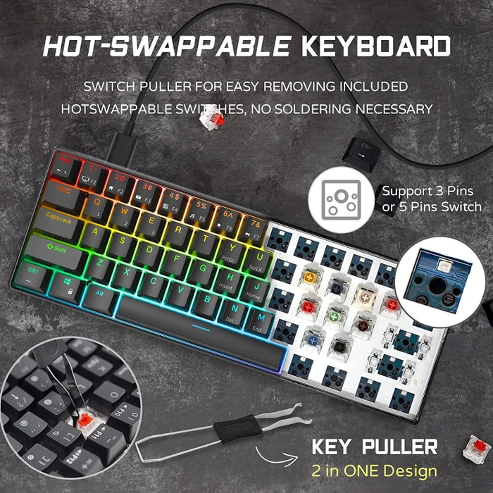 RK Royal Kludge RK61 60% Wired, schwarz, LEDs RGB, hot-swap, RK RED, USB, US