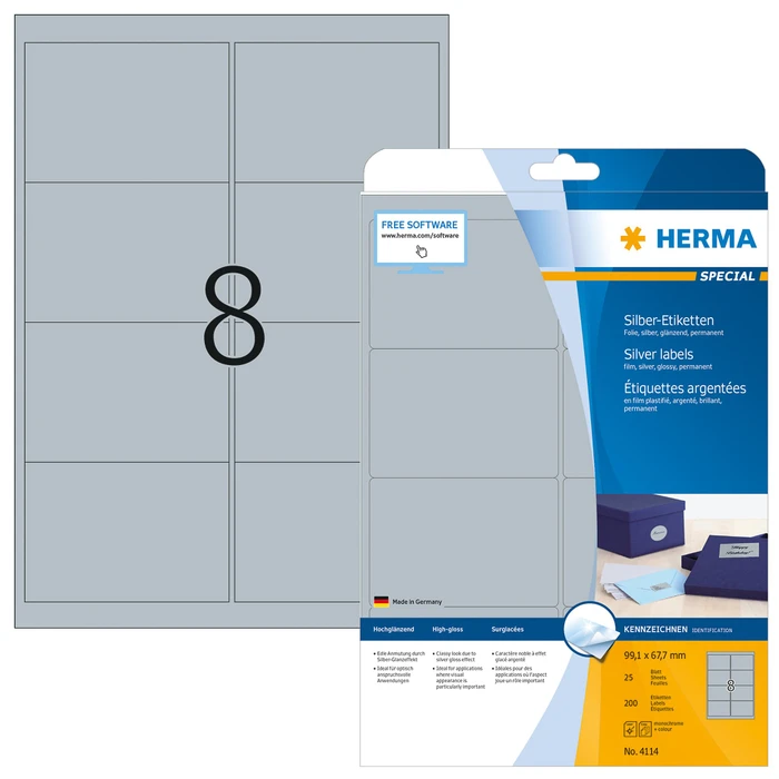 Herma Etiketten Special, 99.1x67.7mm, wetterfest, silber, glänzend, 25 Blatt (200 Etiketten)
