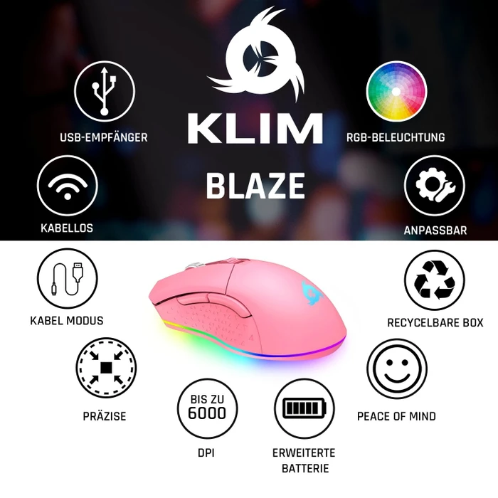 Klim Blaze Rechargeable Wireless Gaming Mouse rosa, USB