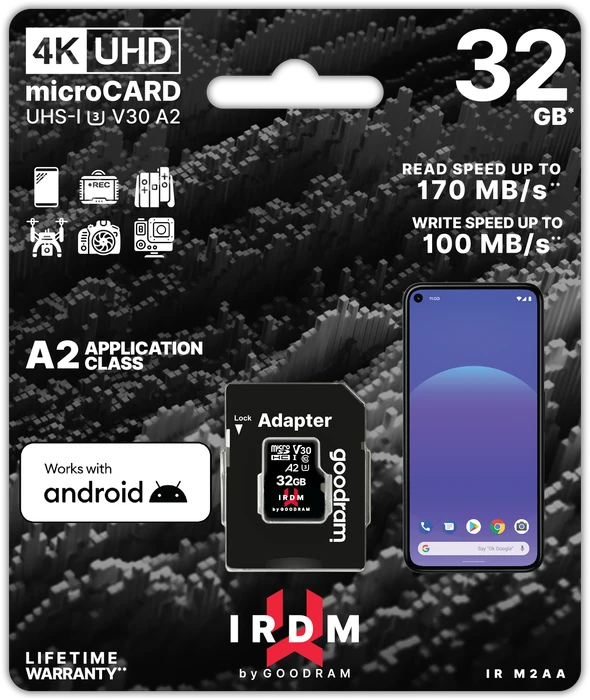 goodram M2AA IRDM MICROCARD R170/W60 32GB Kit, UHS-I U3, A2, Class 10