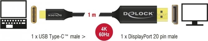 DeLOCK USB-C [Stecker] auf DisplayPort 1.2 [Stecker] Kabel 4K 60Hz schwarz, mit Nylongeflecht, 1m