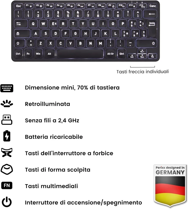 Perixx Periboard-732 Wireless Mini Keyboard, schwarz, LEDs weiß, USB, IT