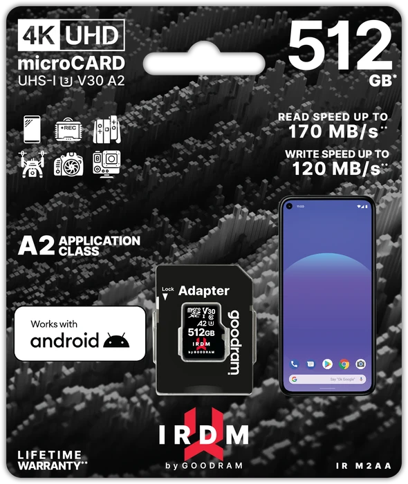 goodram M2AA IRDM MICROCARD R170/W120 512GB Kit, UHS-I U3, A2, Class 10