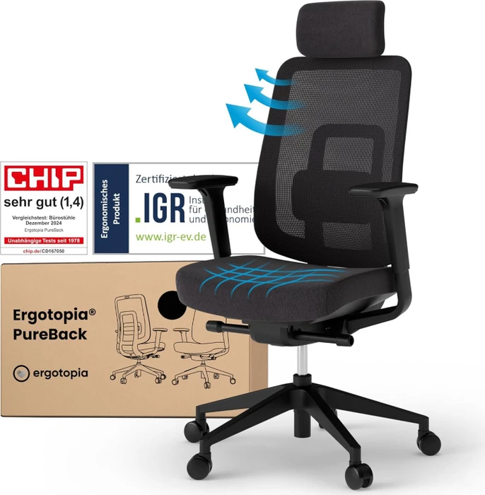 Ergotopia PureBack ergonomischer Bürostuhl mit Kopfstütze, schwarz
