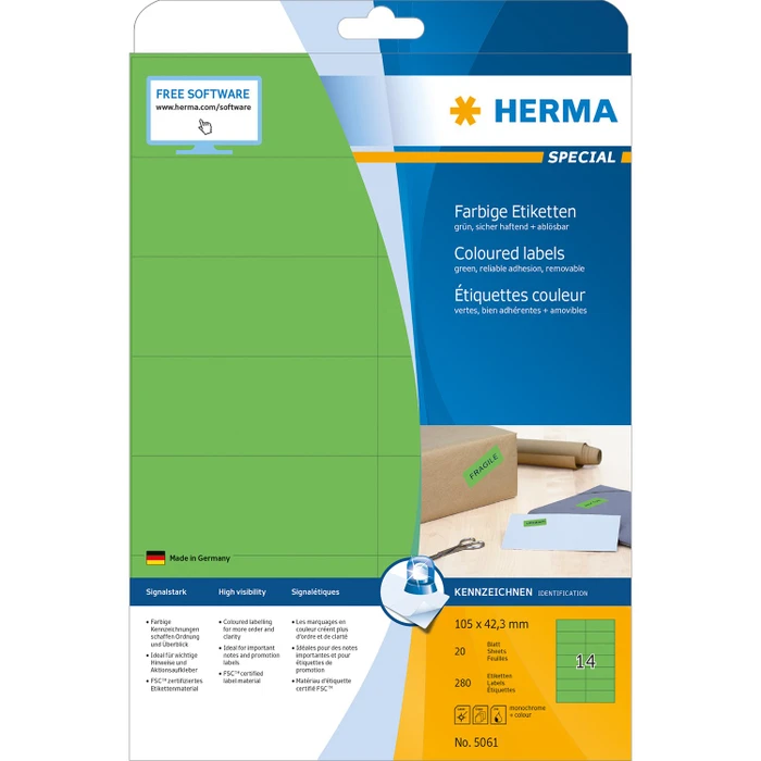 Herma Etiketten, 105x42.3mm, ablösbar, grün, 20 Blatt (280 Etiketten)
