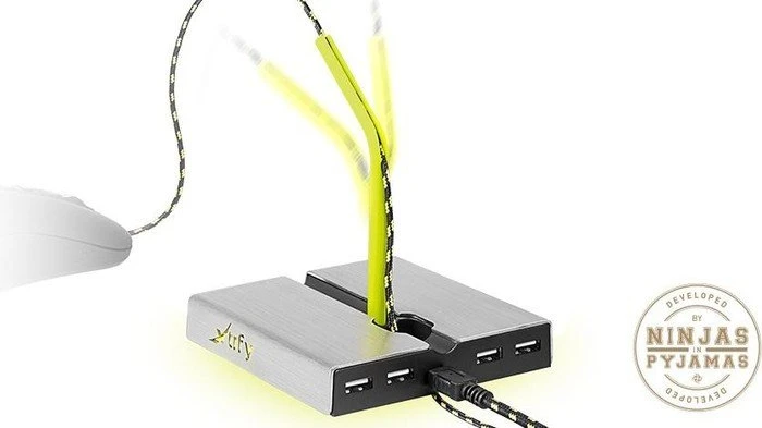 Xtrfy B1 Mouse Bungee mit 4-port USB Hub, Mauskabelhalterung, gelb/silber