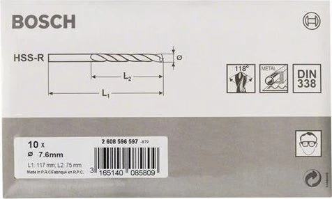 Bosch Professional HSS-R Spiralbohrer, 7.6x75x117mm, 10 Stück