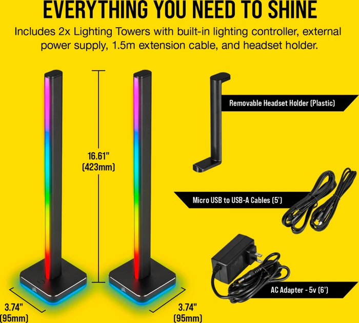 Corsair iCUE LT100 Smart Lighting Towers Starter Kit, RGB-Beleuchtungsset, 2er-Pack, schwarz