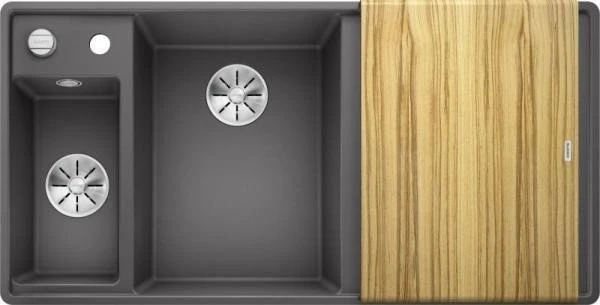 Blanco Axia III 6 S-F InFino Becken links mit Ablauffernbedienung felsgrau inkl. Holzschneidebrett