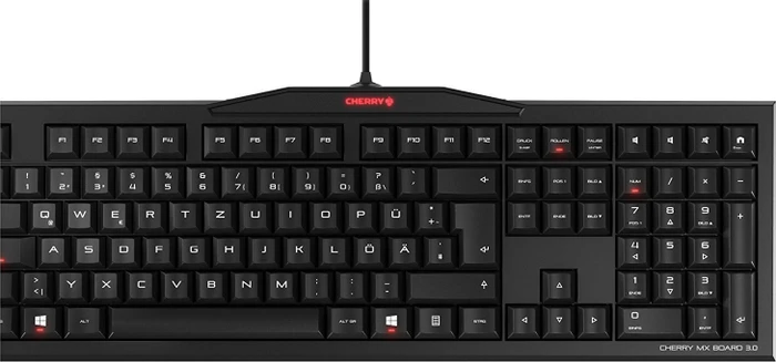 Cherry MX Board 3.0, Logo rot/Status LEDs rot, Kabel fixiert, MX BLUE, USB, DE