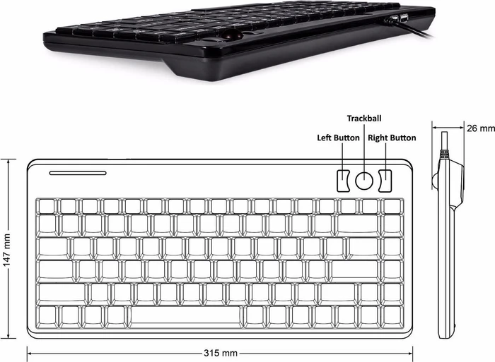 Perixx Periboard-505H PLUS Wired Trackball Keyboard, USB, US