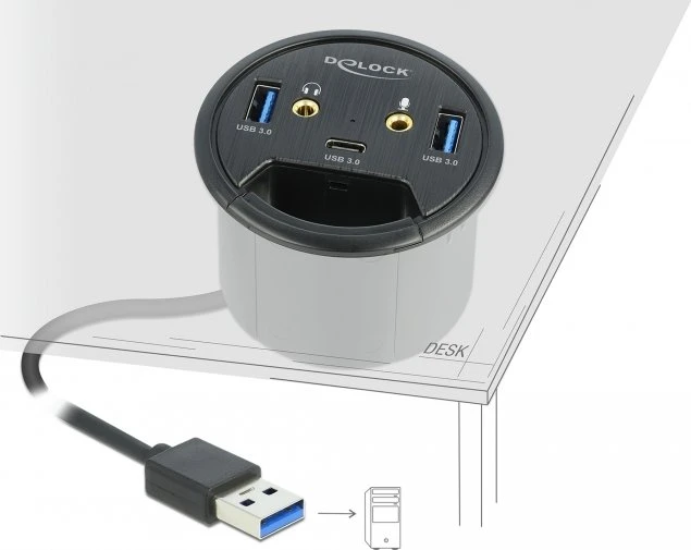 DeLOCK Tisch USB-Hub, 1x USB-C 3.0, 2x USB-A 3.0, USB-A 3.0 [Stecker]