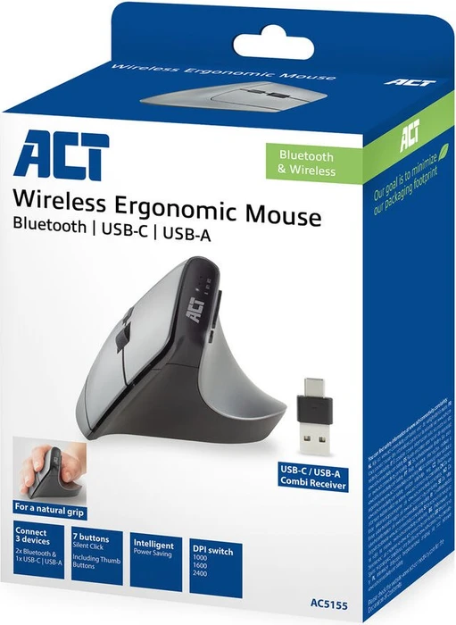 Act Wireless Ergonomic Mouse, schwarz/silber, USB-C/USB-A/Bluetooth