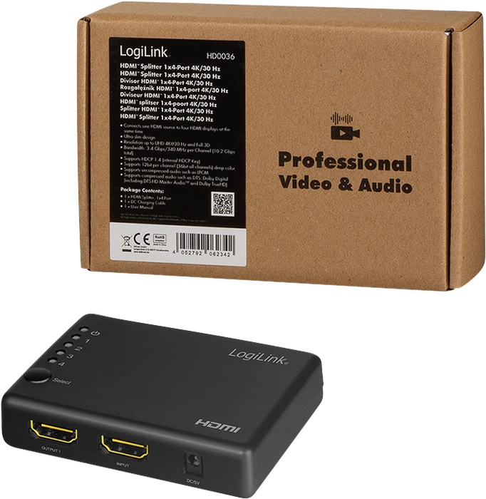 LogiLink HDMI-Splitter 1x4-Port 4K/30Hz schlank