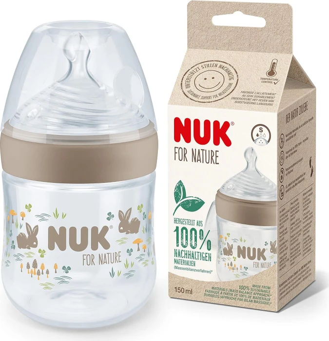 NUK For Nature Trinkflasche mit Temperature Control Silikon, 0+M, 150ml, braun