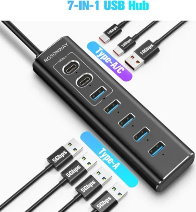 RSHTech 7 Port USB Hub mit Schalter und Netzteil, USB-C/USB-A 3.1 [Stecker]