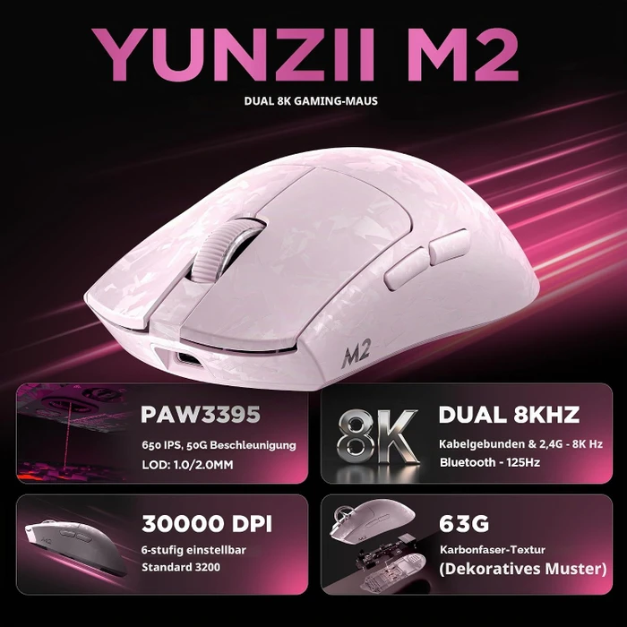 Yunzii M2 Dual 8K Custom Wireless Gaming Maus, rosa, USB/Bluetooth
