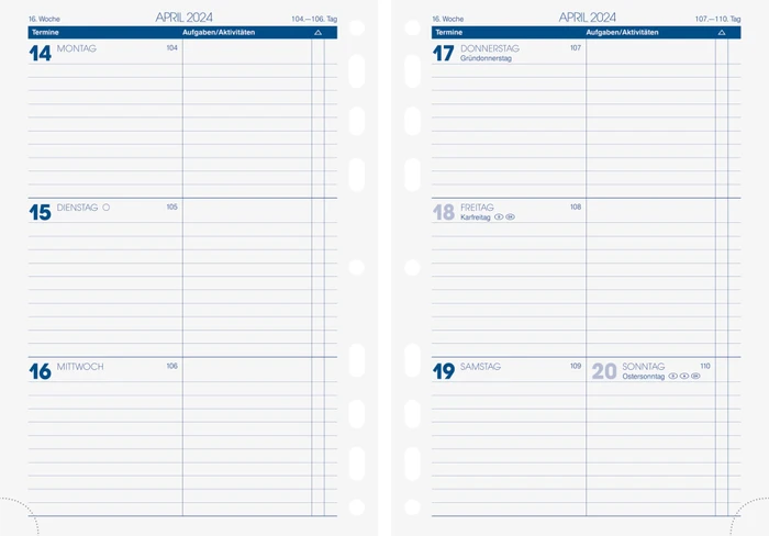 Brunnen Kalender Ersatzeinlage Wochenansicht 2024, A5, 76 Blatt