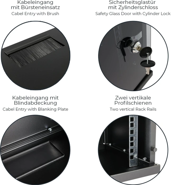 HMF Serverschrank 10", HMF 63400 9HE, Sicherheitsglastür, IP20, schwarz, 300mm tief