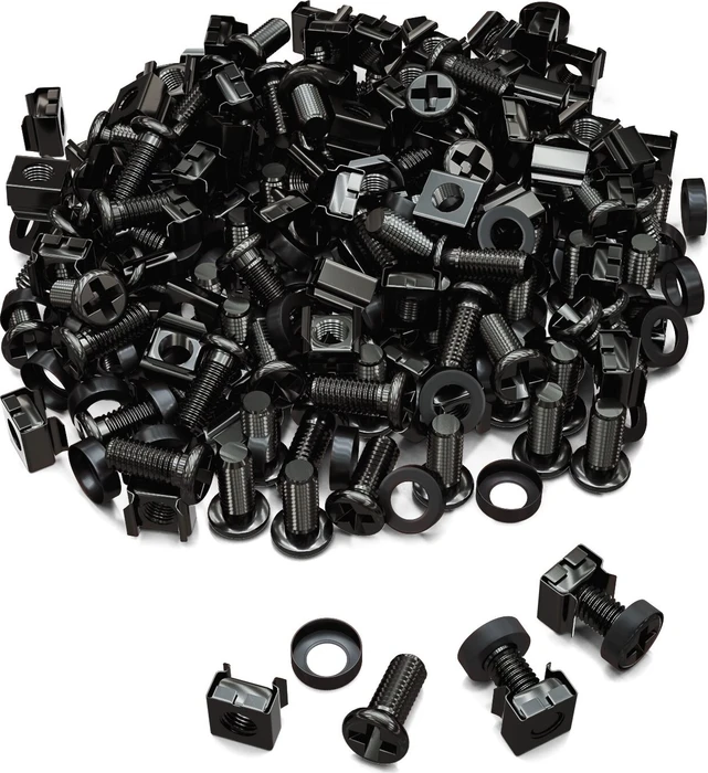deleyCON MK3870, M6 Käfigmuttern Schrauben Set für Netzwerkschränke Servergehäuse, Kreuzschlitz, schwarz, 100 Stück