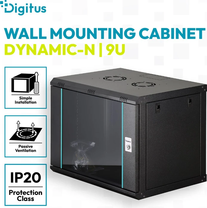 Digitus Dynamic-N Serie 19" Wandgehäuse 9HE, unmontiert, Sicherheitsglastür, IP2X, RAL 9005, 600mm tief