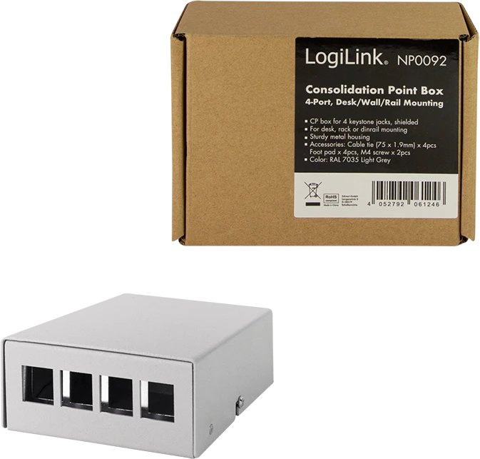 LogiLink Konsolidierungspunkt-Gehäuse für RJ-45 Keystone Module, 4-Port, grau