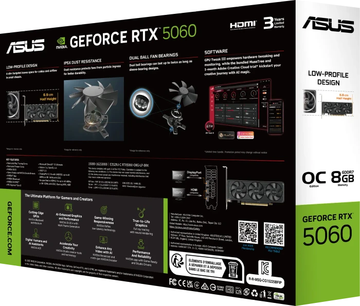 ASUS GeForce RTX 5060 LP BRK OC Edition, RTX5060-O8G-LP-BRK, 8GB GDDR7, 2x HDMI, DP
